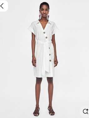 Zara White Button-Front Tie-Waist Midi Dress